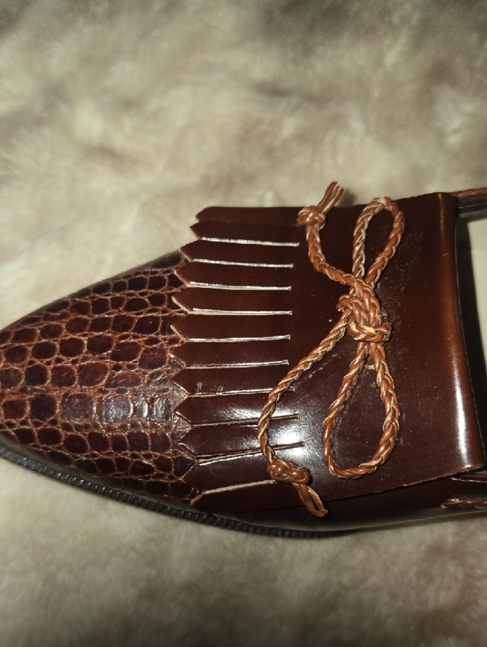 Bally Brown Leather Loafers Snakeskin Embossed Toe Tassel Fringe Flats - Picture 4 of 11